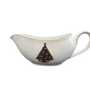 Trisa Porcelain Christmas Tree Gravy Boat Gold Trim Holiday Dish Festive Decor